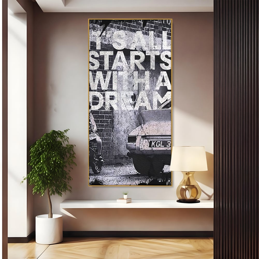 Tablou canvas cu tablou motivational alb-negru cu text si masina, in rama de aluminiu auriu